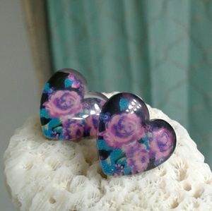 Pink on Black Floral Earrings